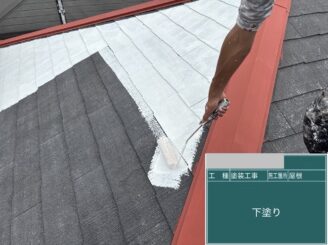 大阪市港区 屋根塗装 下塗り作業中